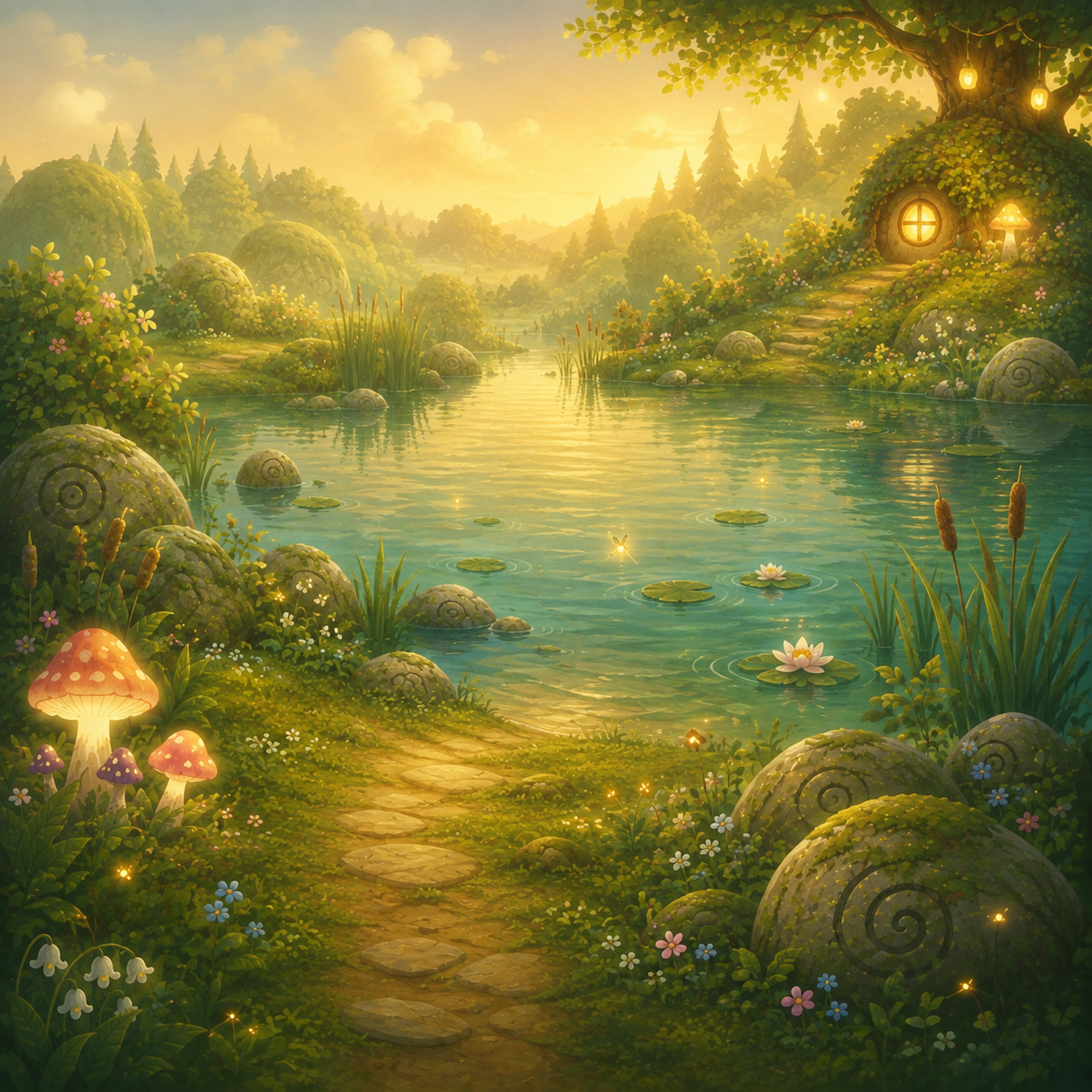Der verzauberte Waldteich im Bilderbuchstil